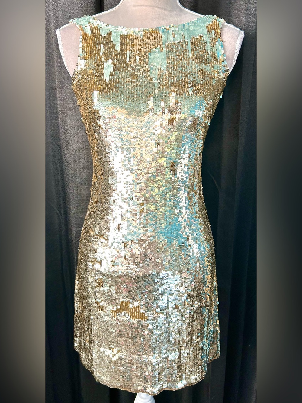 Candela Gold Reversible Sequin Silk Chiffon Cocktail Dress, Size S